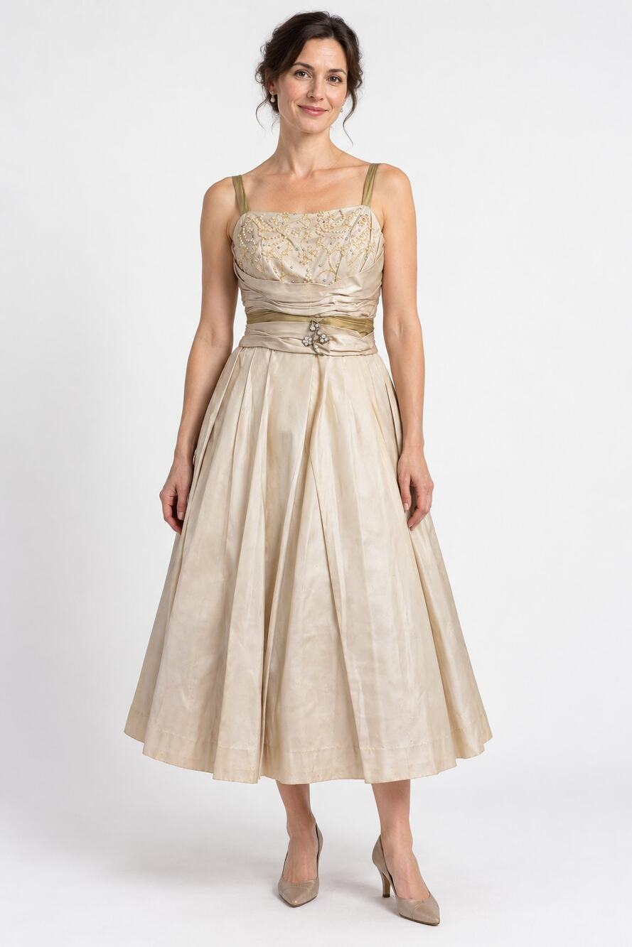 Vintage 1950s Beaded Satin Cocktail Dress XS 34 Bust 26 Waist